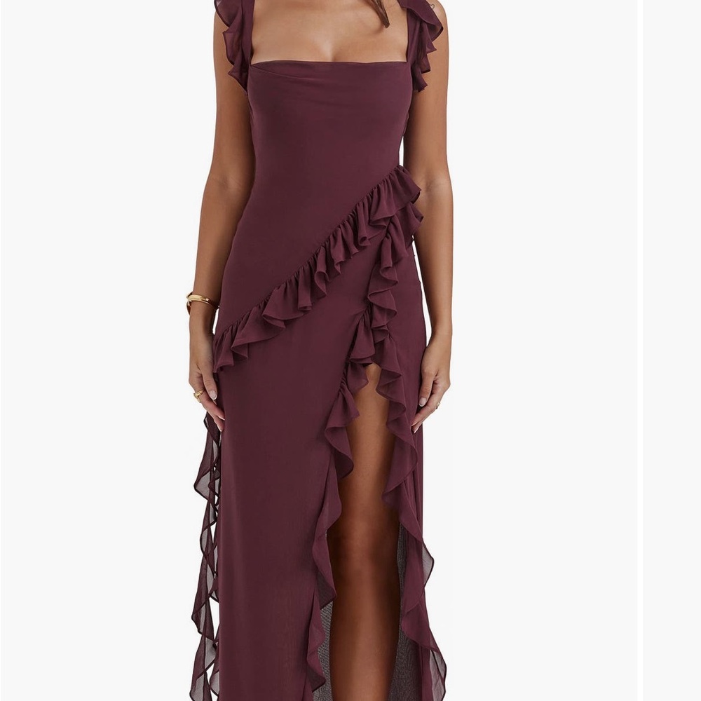 House of CB Plum Asymmetrical Ruffle Dress